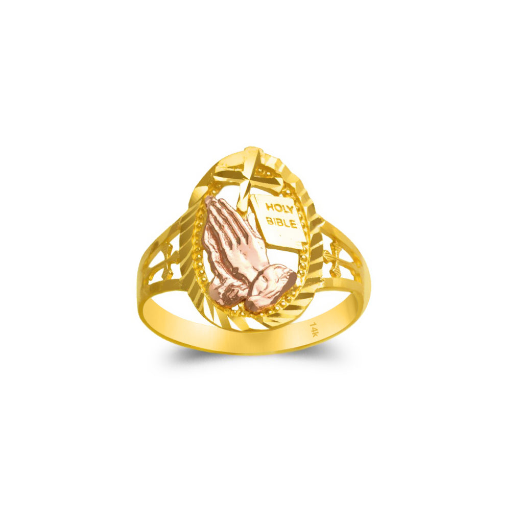 14K Gold Rings Praying Hands with Holy Bible 