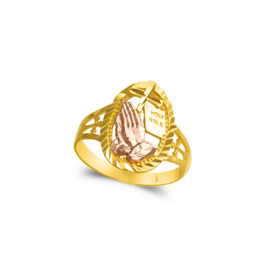 14K Gold Rings Praying Hands with Holy Bible 